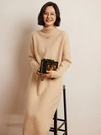 100% Cashmere Sweater Long Dress New Women High Turn-down Collar Pullover  Soft Cosy Autumn Winter Casual Solid Knitwear Dress