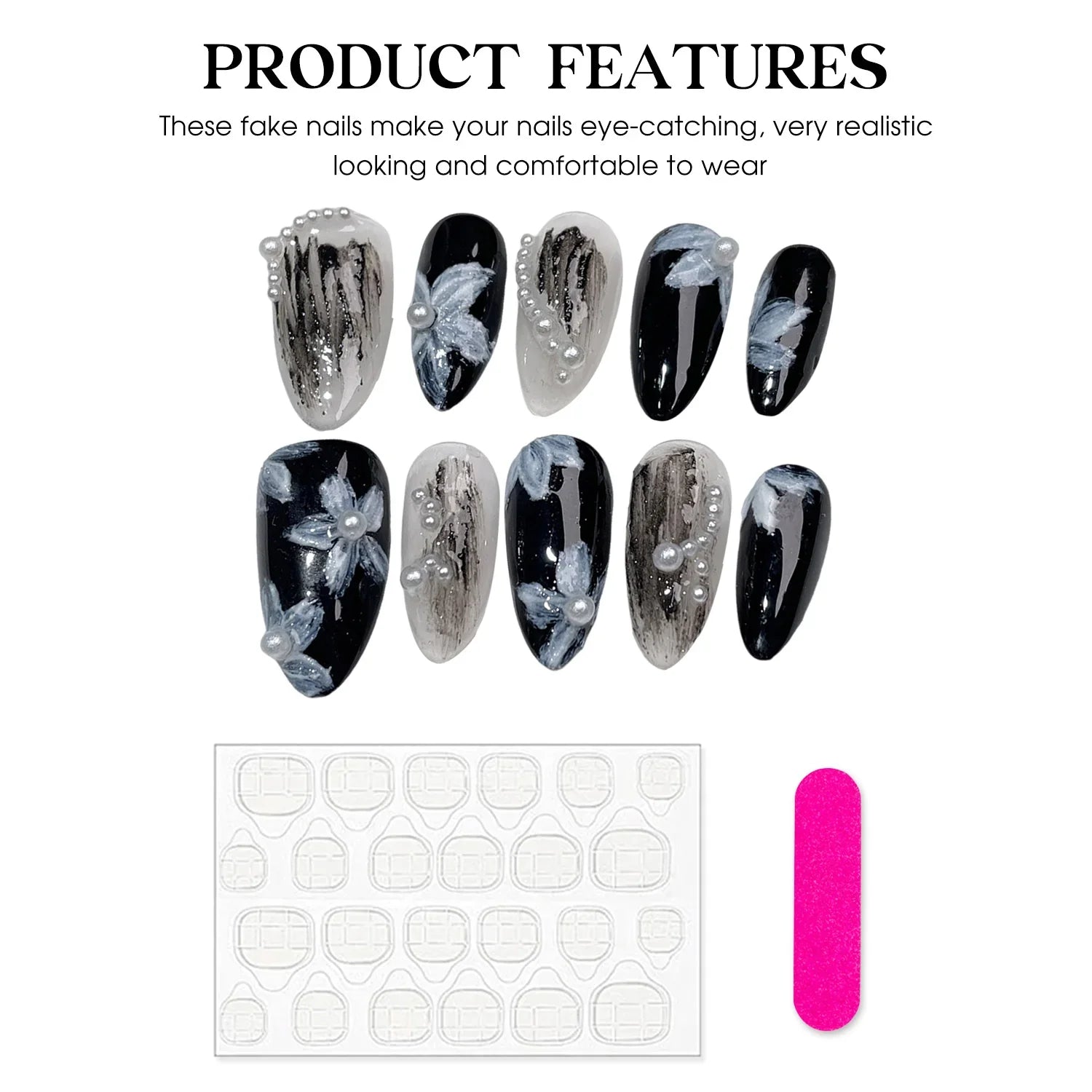 Handmade Press on Nails White Pearl Design Fake Nails with Flower Decor Wearable Detchable Fake Nails for Women DIY Manicure