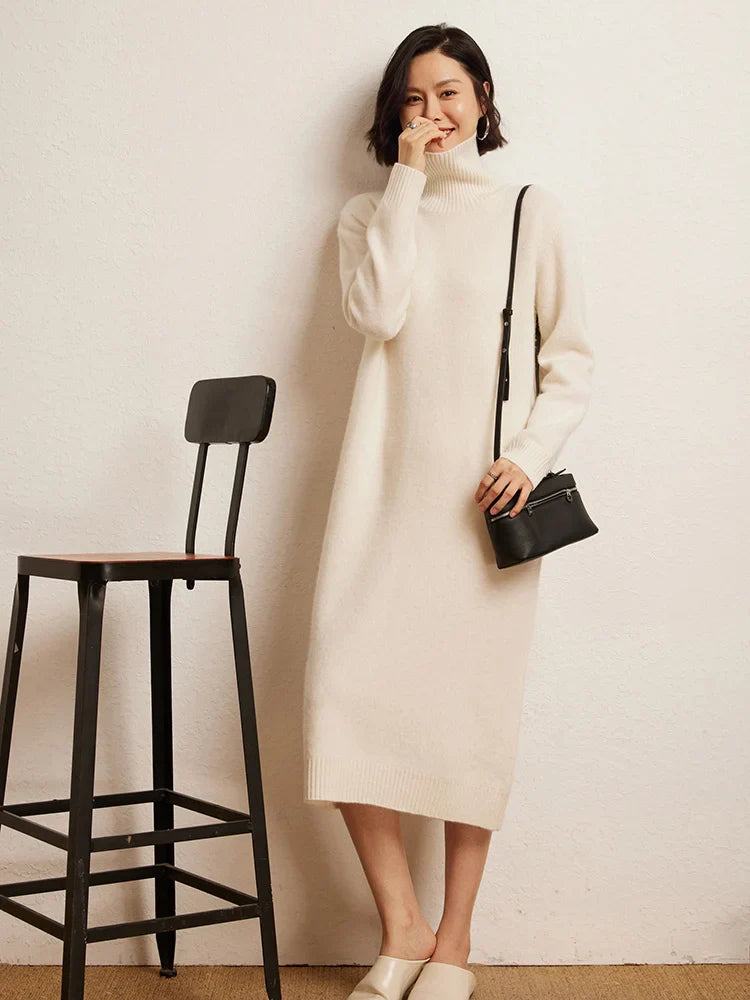 100% Cashmere Sweater Long Dress New Women High Turn-down Collar Pullover  Soft Cosy Autumn Winter Casual Solid Knitwear Dress