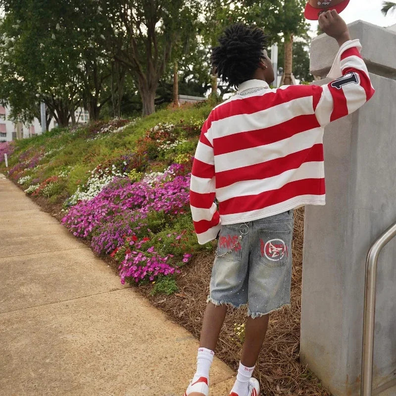 Couple summer washing fashion rhinestone striped two-piece set of denim shorts original color casual printing five-point pants