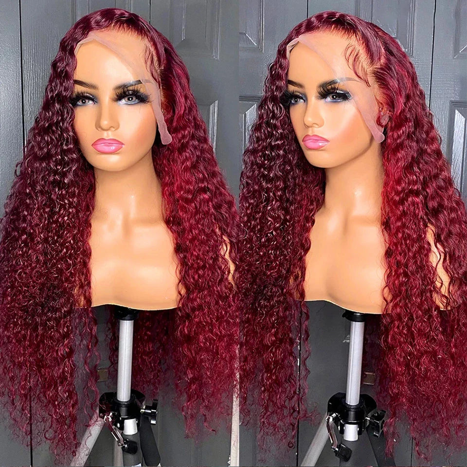 Burgundy Curly 13x6 Hd Lace Frontal Wig Human Hair 100% Brazilian 13x4 Water Deep Wave 99J Red Colored Wig For Women 30 36 Inch