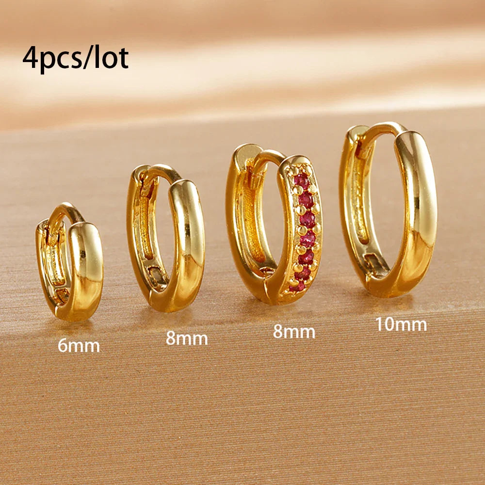 4PCS Set Stainless Steel Huggie Minimal Hoop Earrings 6/8/10mm Crystal Zirconia Helix Tragus Cartilage Earrings Piercing Jewelry