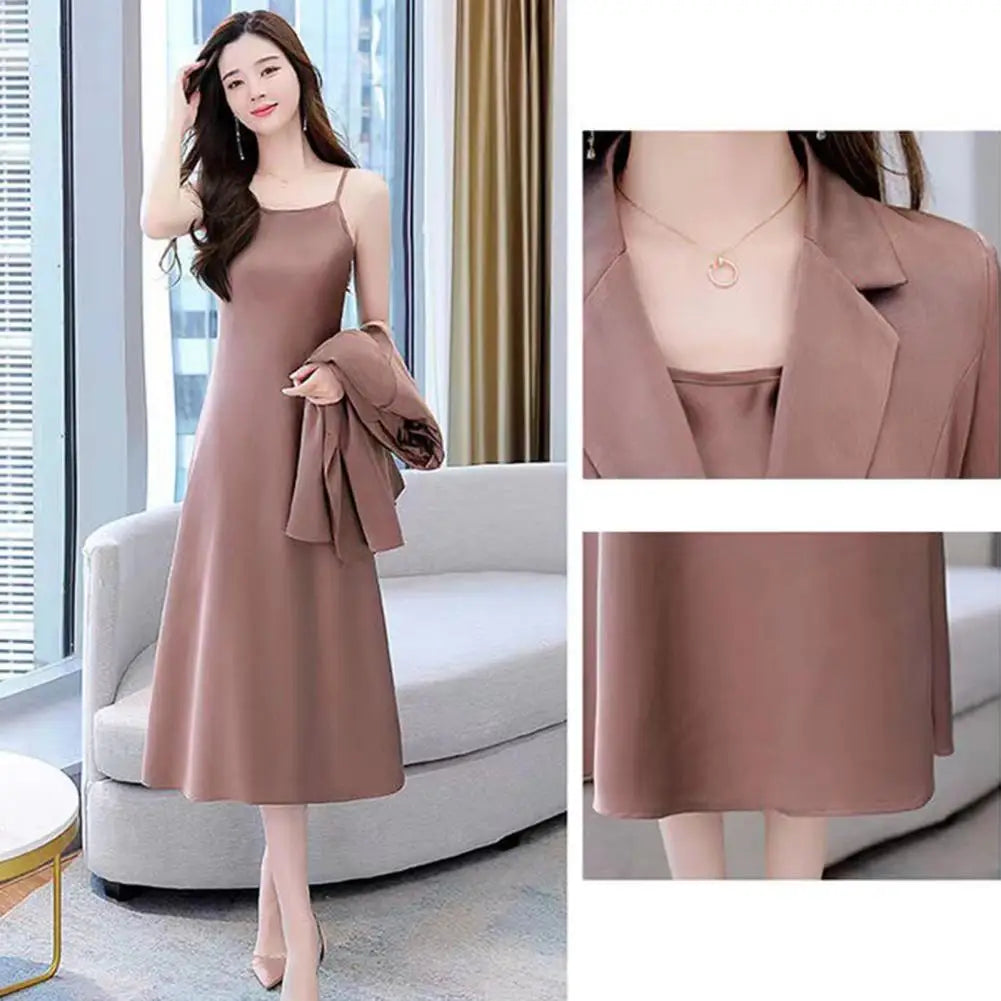 2Pcs/Set Summer Women Suit Dress Outfit  Solid Color Mid-length Lady Dress Sets Light Luxury Commute Sling Dress Coat Set