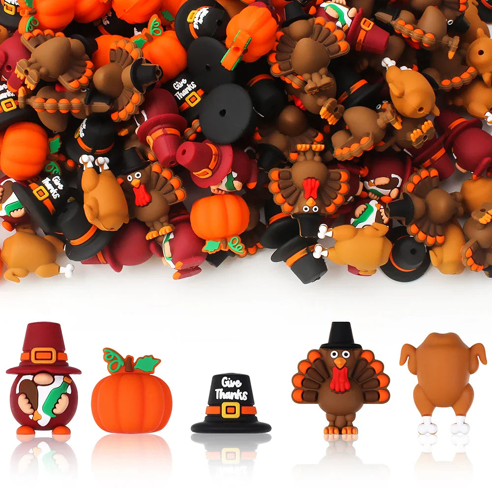 5/10/20pcs Thanksgiving Silicone Beads 3D Pumpkin Turkey  Focal Beads for Jewelry Lanyards Keychain Bracelet Making Pen Decor