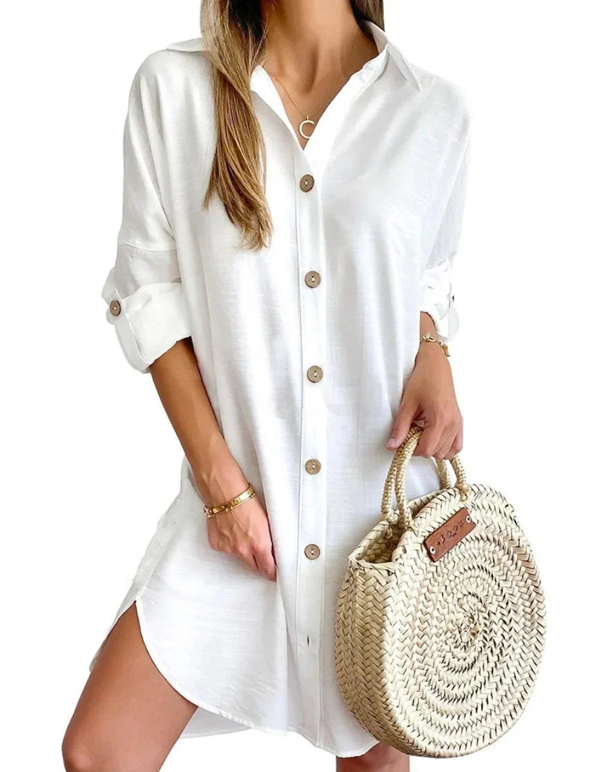 Elegant Women's White Spring And Autumn Casual Long Sleeved Lapel Button Up Shirt Dress 2024 Fashionable Woman Loose Mini Dress