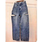 Dave&Di Summer British High Street Retro Loose Jeans With High Waist Wide Legs Broken Jeans For Women Boyfriend Style Mom Jeans