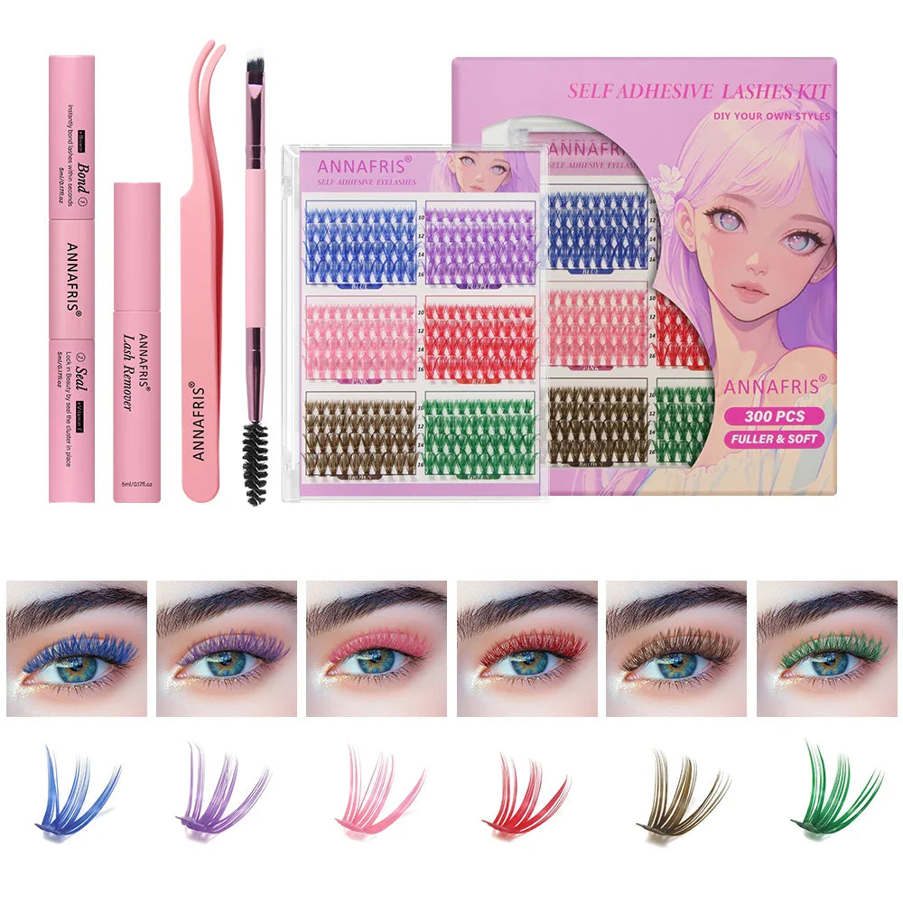 ANNAFRIS 300Pcs DIY Cluster Lash Extension Kit Color individual Lashes Kit with Lash Bond&Seal Remover Tweezers