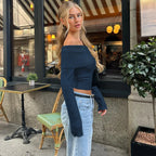 Candyhot Solid Elegant Off Shoulder Ribbed Crop Tops Autumn Fashion Casual Skinny Long Sleeve Camis Gentle Y2K Tight T-shirts