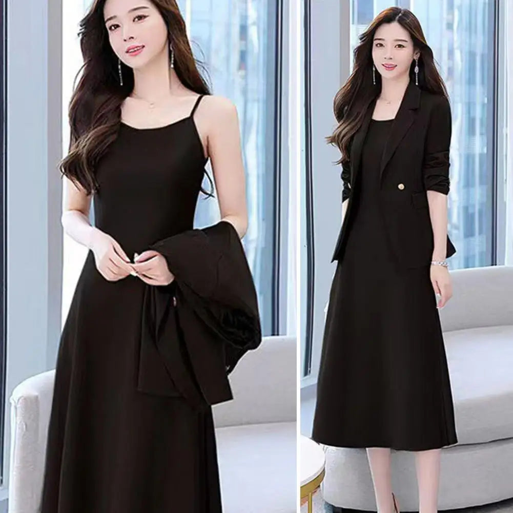 2Pcs/Set Summer Women Suit Dress Outfit  Solid Color Mid-length Lady Dress Sets Light Luxury Commute Sling Dress Coat Set