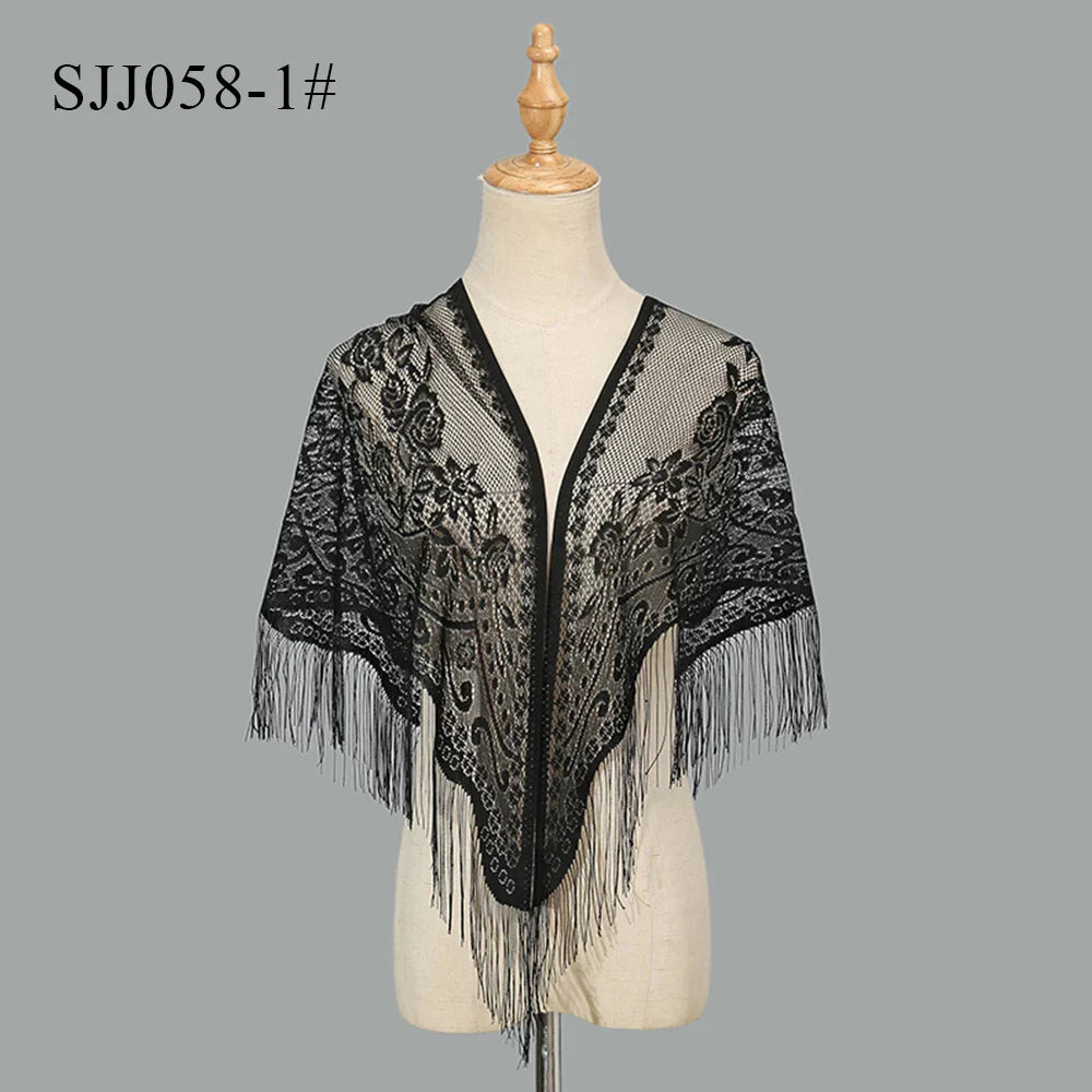 2024 White/Black Catholic Woman Spanish Style Lace Tassel Church Veil Head Covering Long Veil Floral Scarves Wedding Accessories