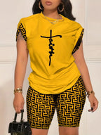 Digital Print round Neck Short Sleeve Women's Suit Summer New Style Elegance Quality Polyester Fiber Skirt Set from Mainland Chi