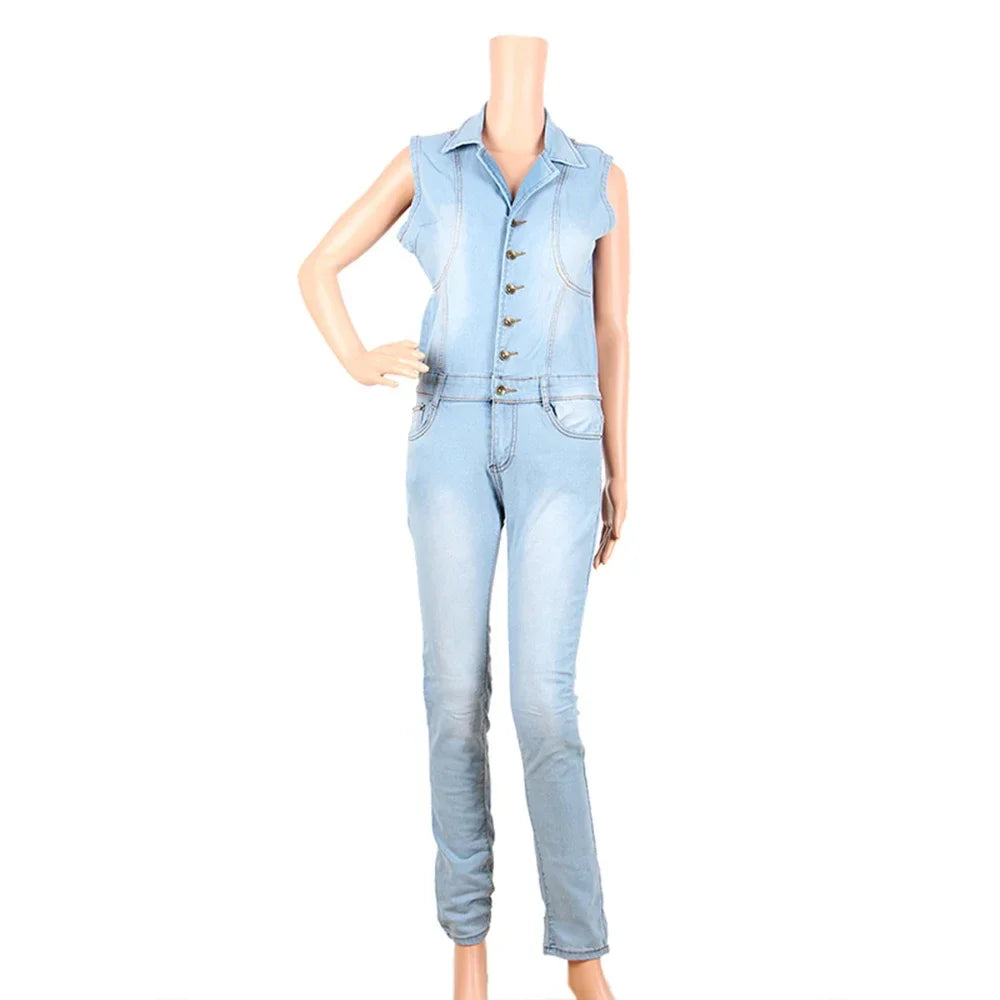 Denim Jumpsuit for Women Sexy Slim Fit Zipper Sleeveless V-Neck High Waist Fashion Jean Pants Rompers