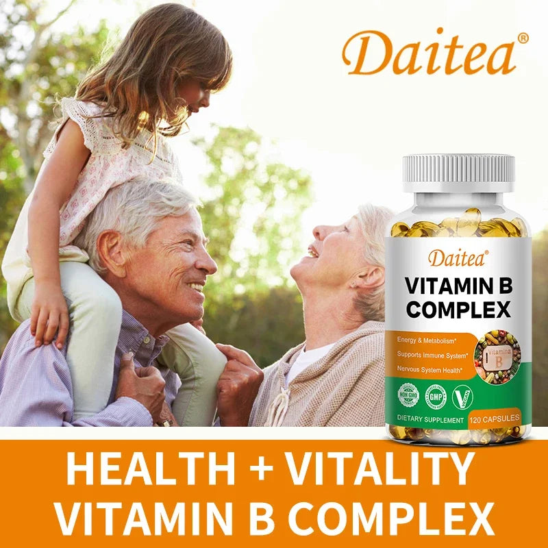 DAITEA - Vitamin B Complex Capsules - B12, B1, B2, B3, B5, B6, B7, B9, Folic Acid and Biotin - Reduce Stress, Boost Immunity