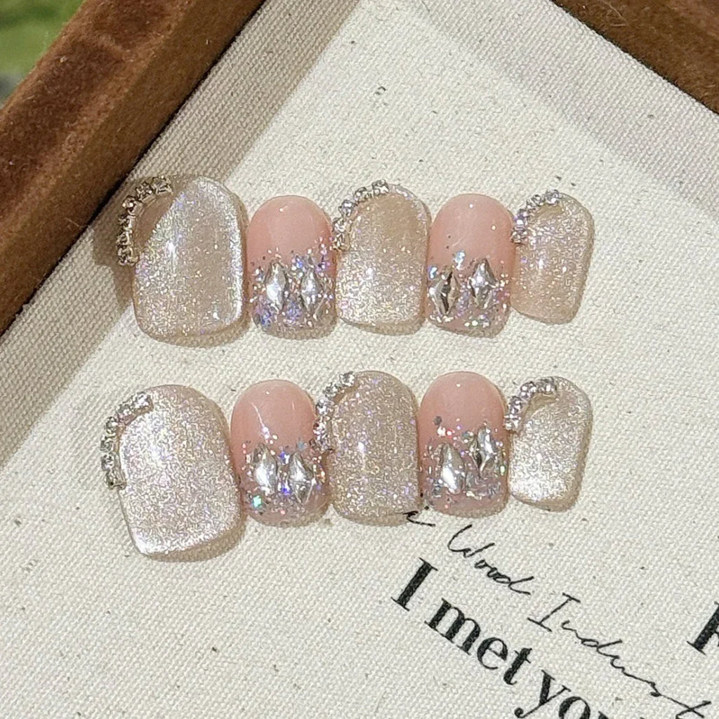 10Pcs Handmade French Nails Tips Elegant Cat Eye Gold Stripes Edge Design with Flowers Rhinestone Pink Glitter Wearable Manicure