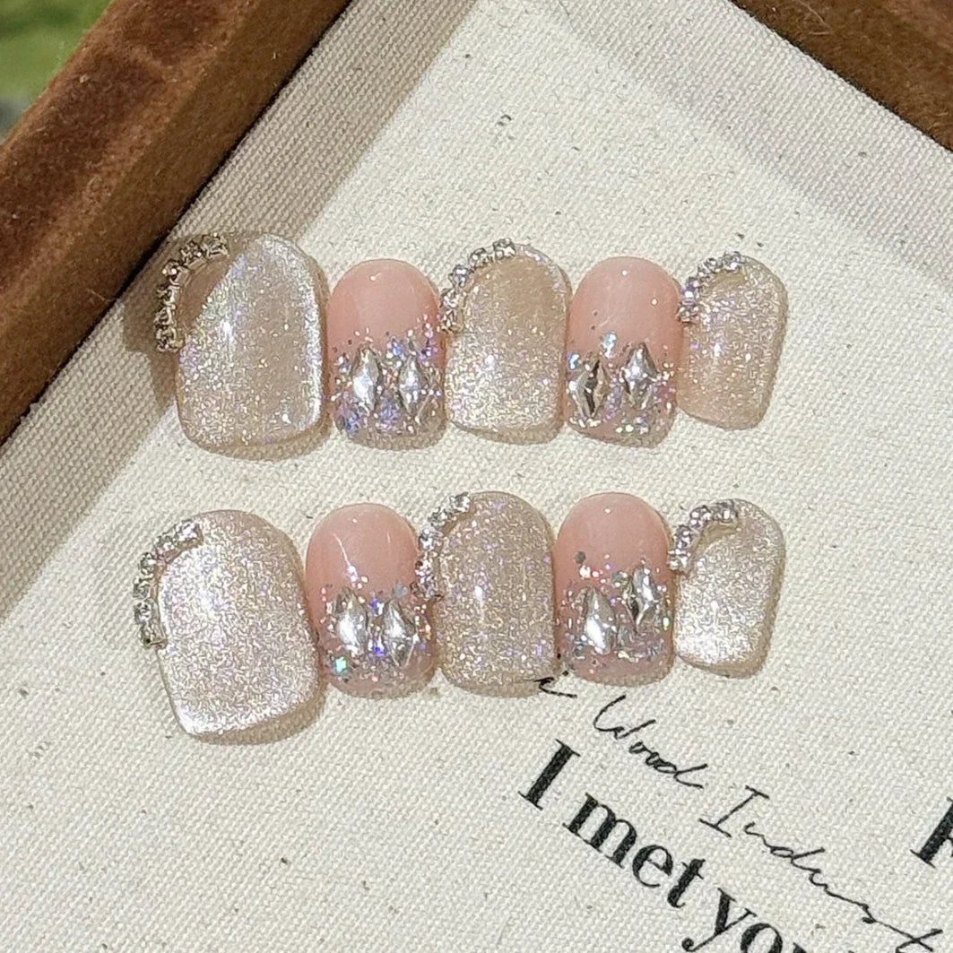 10Pcs Handmade French Nails Tips Elegant Cat Eye Gold Stripes Edge Design with Flowers Rhinestone Pink Glitter Wearable Manicure
