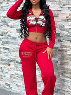 Bangniweigou Skull Love Print Zipper Short Cardigan + High Waist Straight Leg Pants Two Piece Set Women Tracksuit Autumn Winter