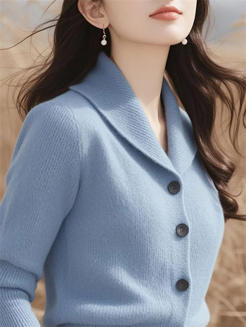 2025 New Spring Autumn Turndown Collar High End Women Knitt Cardigan Sweater Fashion Korean Version Female Knitwear Tops Jacket