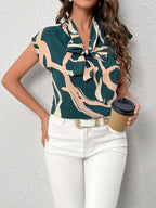 Brush Print Tie Neck Blouse, Elegant Short Sleeve Top For Spring & Summer, Women's Clothing