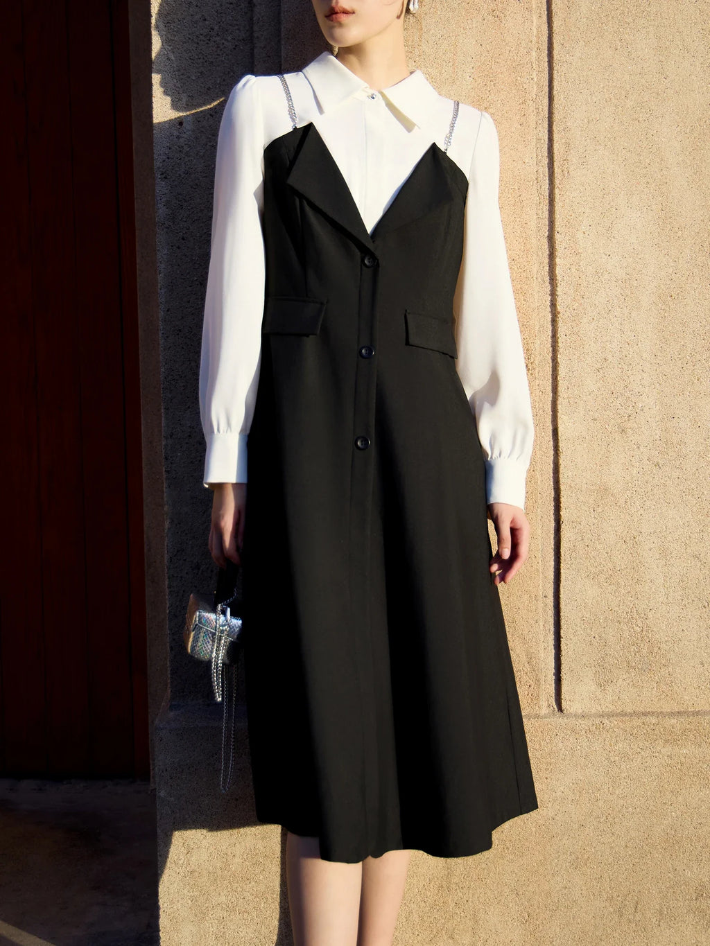 DUSHU Women Autumn Long SLeeve Dresses Office Lady Temperament Polo Neck A-LINE Long Dress Fake Two Patchwork Dress 24DS83358