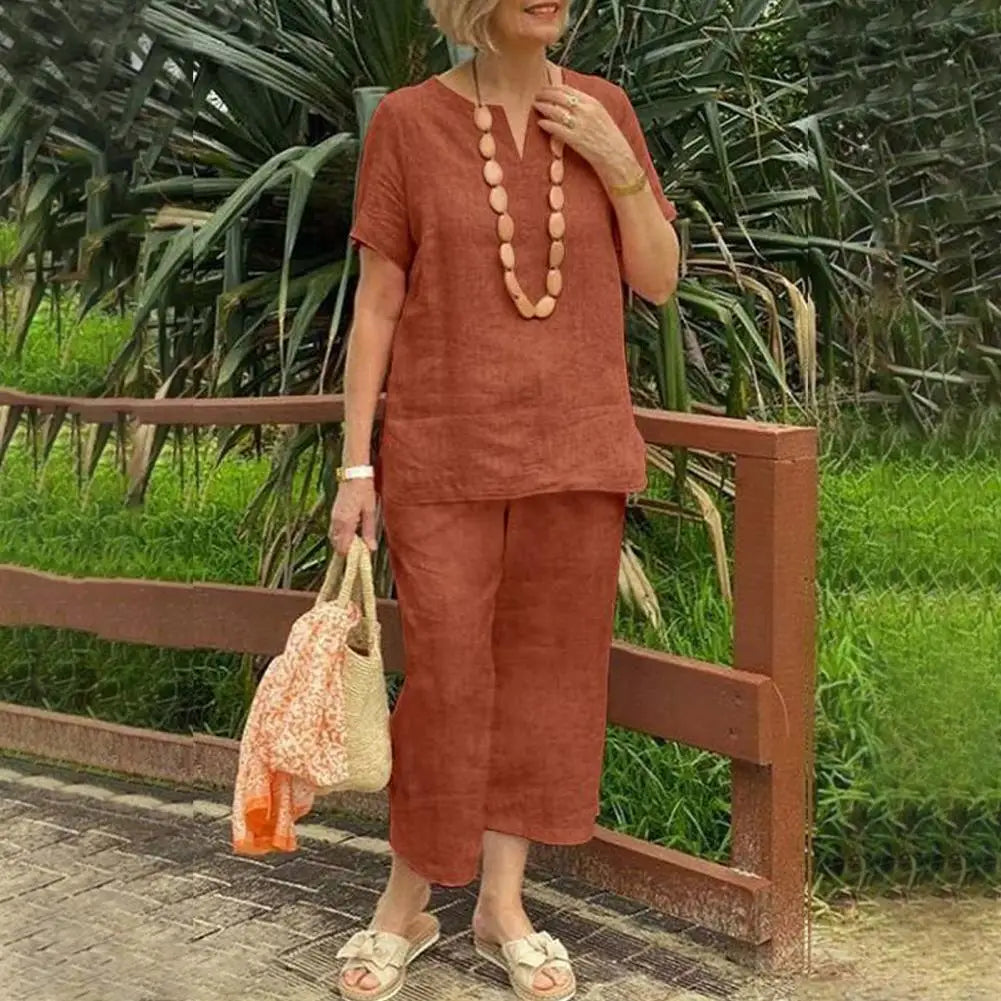 2Pcs Women Blouse Pants Set Solid Color Short Sleeve Loose Top Wide Leg Straight Pants Sets Casual Matching Tracksuit Outfit