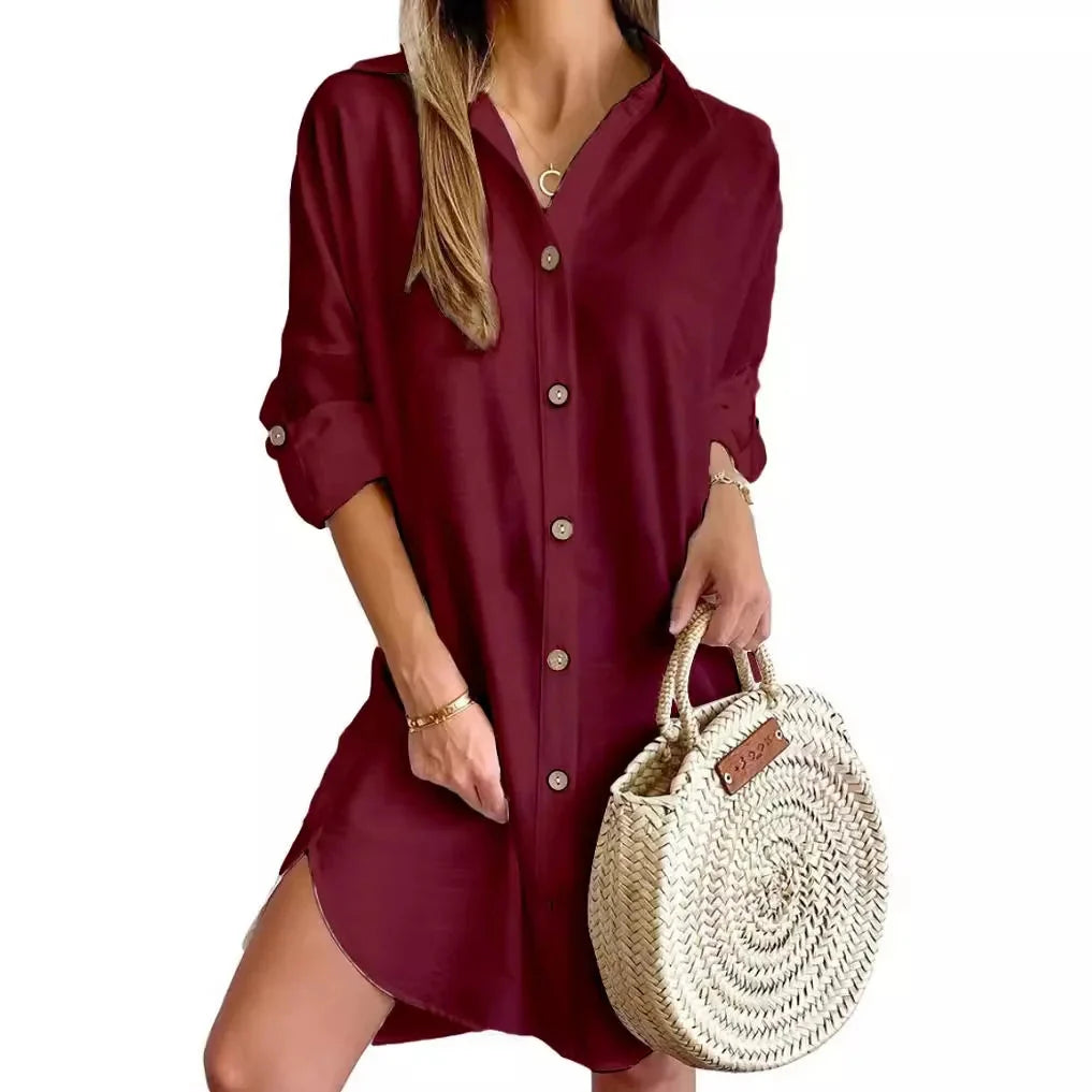Elegant Women's White Spring And Autumn Casual Long Sleeved Lapel Button Up Shirt Dress 2024 Fashionable Woman Loose Mini Dress