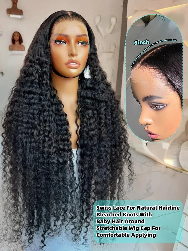40 42 Inch Natural Color Deep Wave 13x4 13x6 HD Transparent Full Frontal Lace Curly Brazilian Human Hair Water Wigs 200 Density