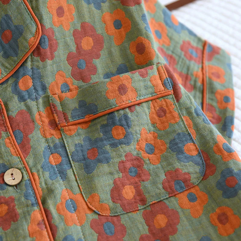 2025 New Spring/Summer Pajamas Three Piece Set Thin 100%Cotton Crepe Ladies Short Sleeves+Shorts+Pants Flip Collar Home Suit Set