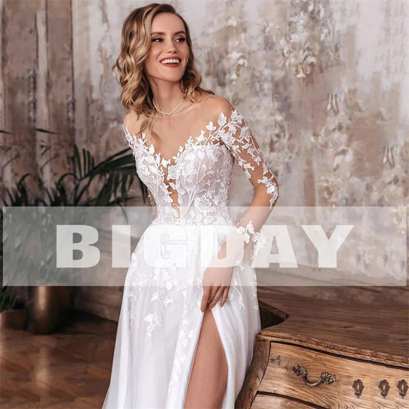 Elegant A-Line Wedding Dress Women Open Back V-Neck Lace Long Sleeve Side Split Tulle Bridal Gown Vestidos De Noiva Customized