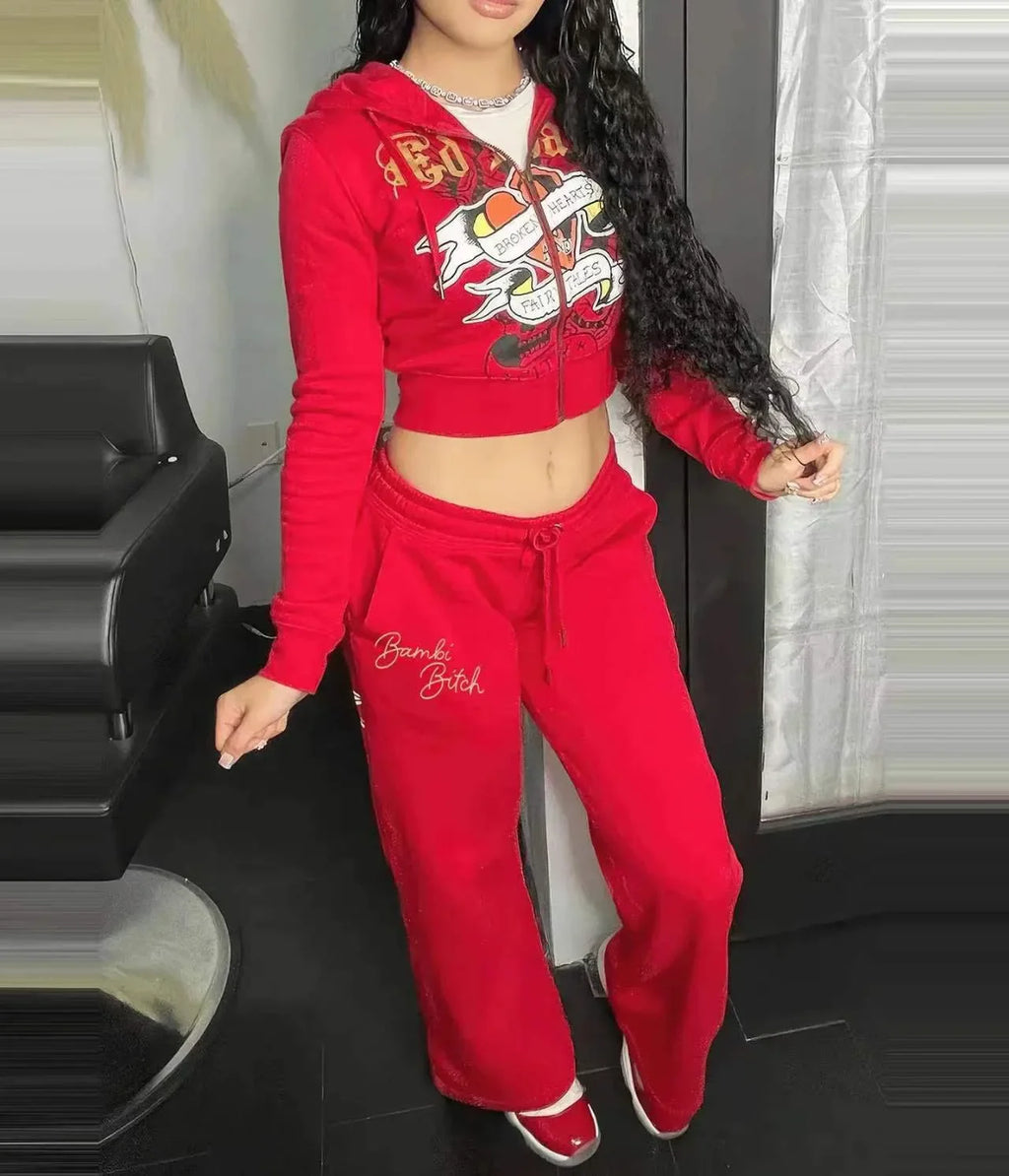 Bangniweigou Skull Love Print Zipper Short Cardigan + High Waist Straight Leg Pants Two Piece Set Women Tracksuit Autumn Winter