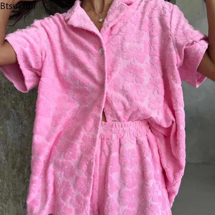 2025 Women's Soft 2PCS Pajama Sets Pink Color Loose Suit Elegant Sleepwear Sets Casual Lapel Short Sleeve Shirt + Shorts Outfits