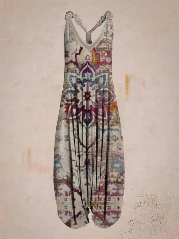 Bohemian Women's V-neck Sleeveless Jumpsuit Retro Ethnic Halter Top Harem Pants Beach Fashionable Casual Floral Print Jumpsuit