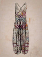 Bohemian Women's V-neck Sleeveless Jumpsuit Retro Ethnic Halter Top Harem Pants Beach Fashionable Casual Floral Print Jumpsuit