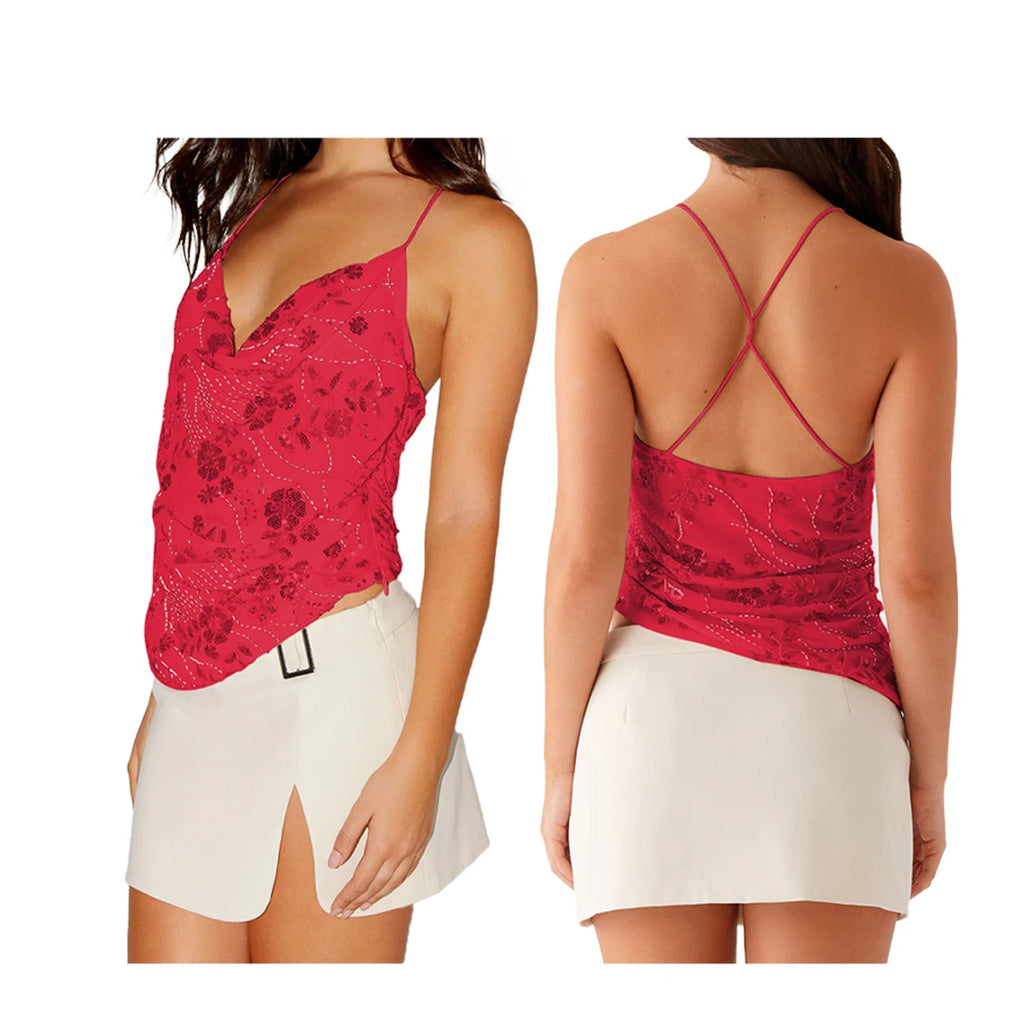 Combhasaki Women Summer Sleeveless Beading Camis Top V-neck Tie-up Cross Backless Pearl Glitter Sequin Flower Embroideried Vest