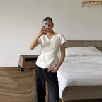 Elegant Short Sleeve Women's Top 2025 Summer Fashion V-neck Button Slim Office Lady Commuting Tops Street Solid Female Shirt