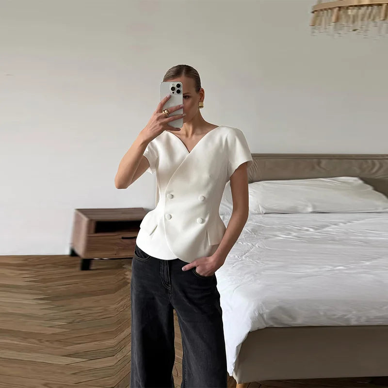 Elegant Short Sleeve Women's Top 2025 Summer Fashion V-neck Button Slim Office Lady Commuting Tops Street Solid Female Shirt