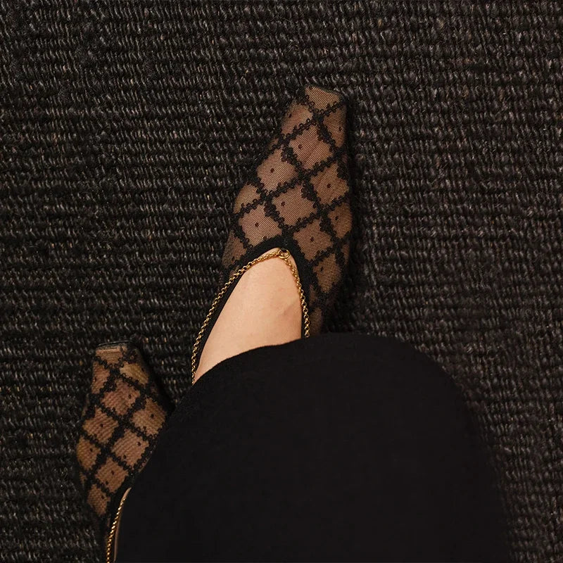 2025 New Lace Mesh Breathable Single Shoes Women's Summer French Square Toe Slip-On Chain Mary Jane Flats