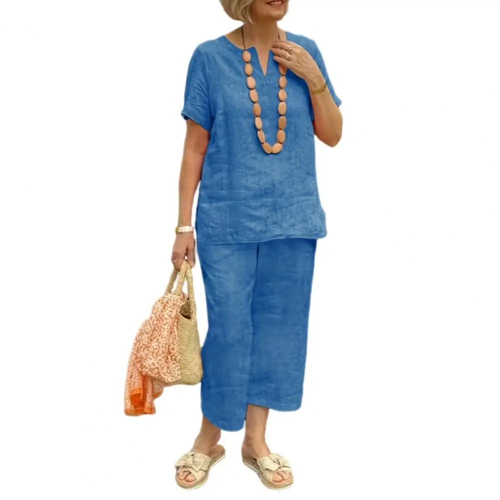 2Pcs Women Blouse Pants Set Solid Color Short Sleeve Loose Top Wide Leg Straight Pants Sets Casual Matching Tracksuit Outfit