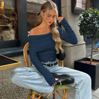 Candyhot Solid Elegant Off Shoulder Ribbed Crop Tops Autumn Fashion Casual Skinny Long Sleeve Camis Gentle Y2K Tight T-shirts