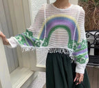 Embroidery Rainbow Crochet Top Sheer Openwork Pullover Batwing Sleeve Cover Up for Women Spring Summer Fairycore Outfit