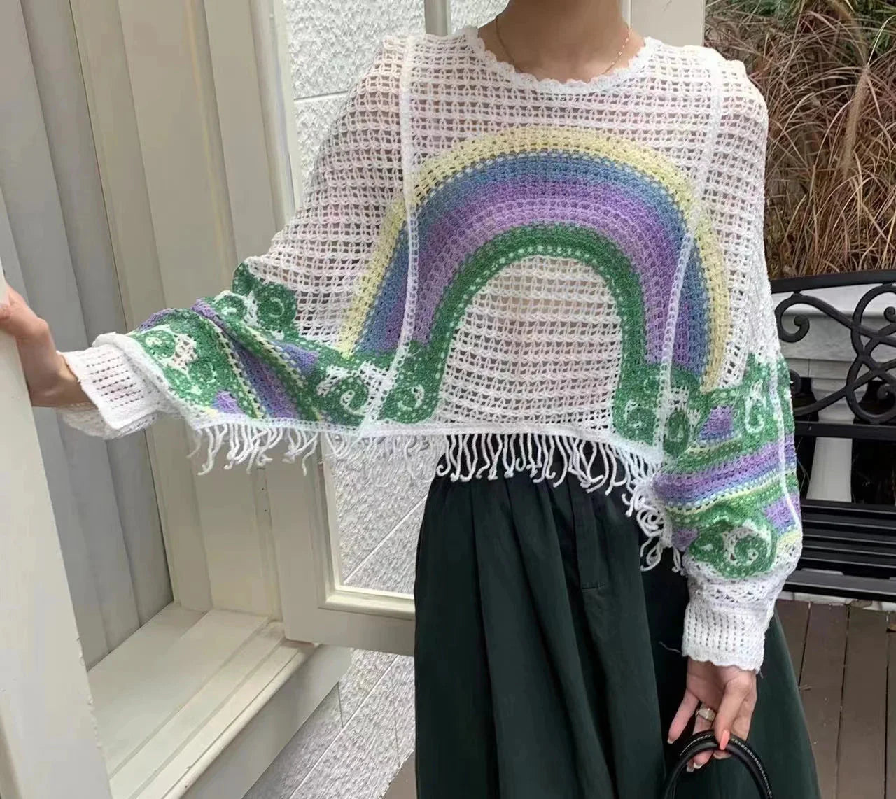 Embroidery Rainbow Crochet Top Sheer Openwork Pullover Batwing Sleeve Cover Up for Women Spring Summer Fairycore Outfit