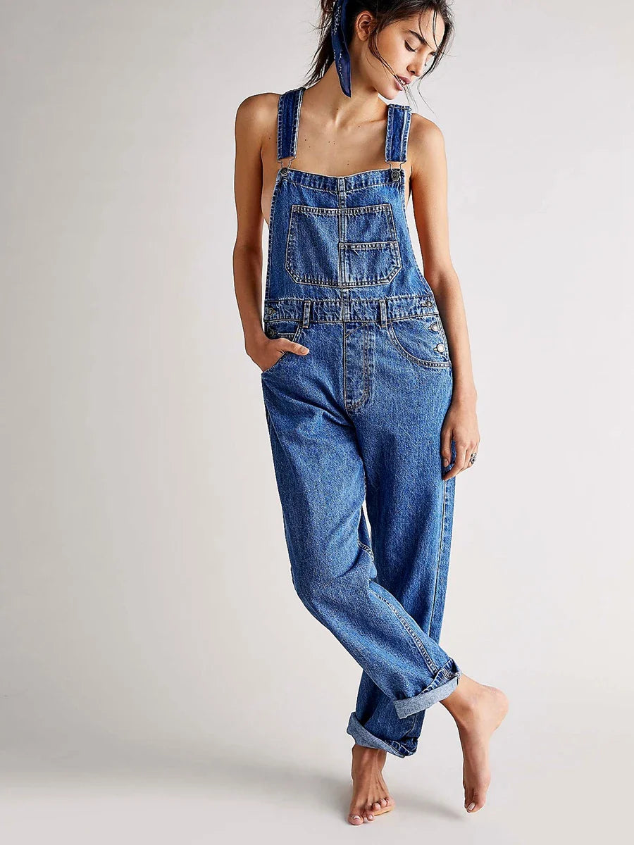 Casual Women Summer Vintage Retro Denim Long Jumpsuit Spaghetti Strap Straight Romper Pants Baggy Bib Overalls Jumpsuits