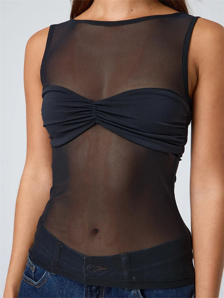 CHRONSTYLE Sexy Women Mesh Sheer See Through Tank Tops Sleeveless Round Neck Solid Color Slim Fit Ruched Patchwork Vest 2025 New