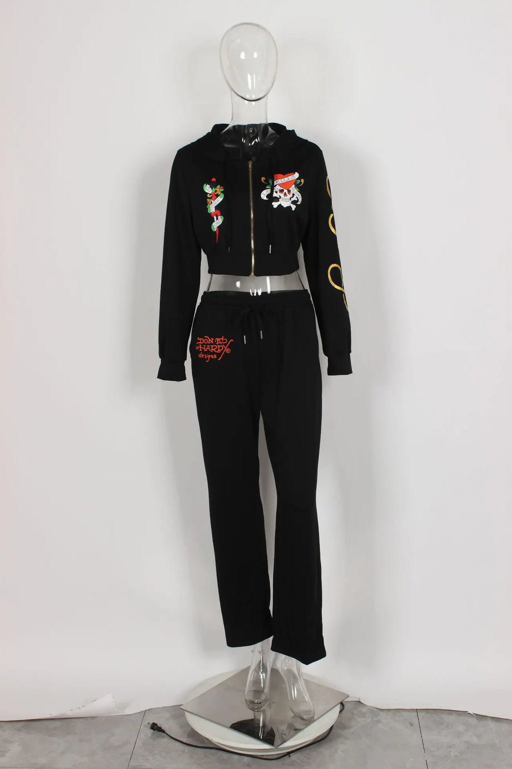 Bangniweigou Skull Love Print Zipper Short Cardigan + High Waist Straight Leg Pants Two Piece Set Women Tracksuit Autumn Winter