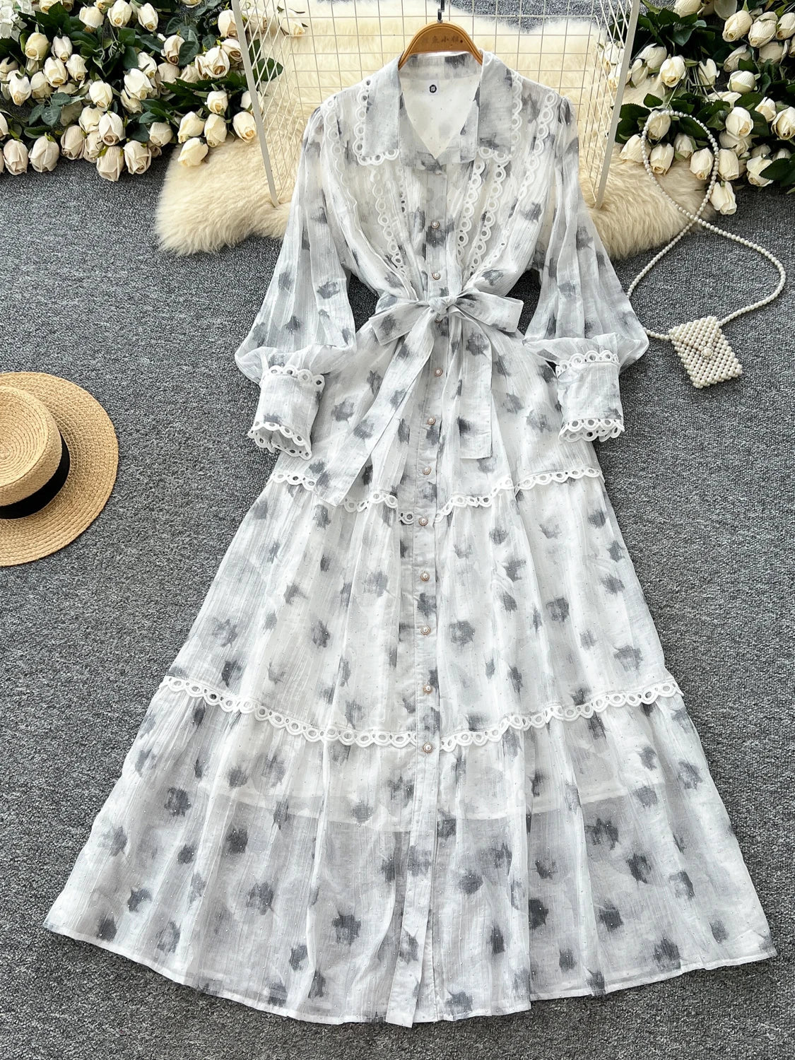 Chic vintage rhinestone lace-up slim Elegant Fairy korean fashion Boho Sundress women clothing Long dress