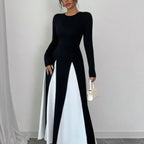 2025 Spring & Autumn Women's Long Sleeve Round Neck A Line Contrast Color Dress, Stylish Black & White Patchwork Long Dress