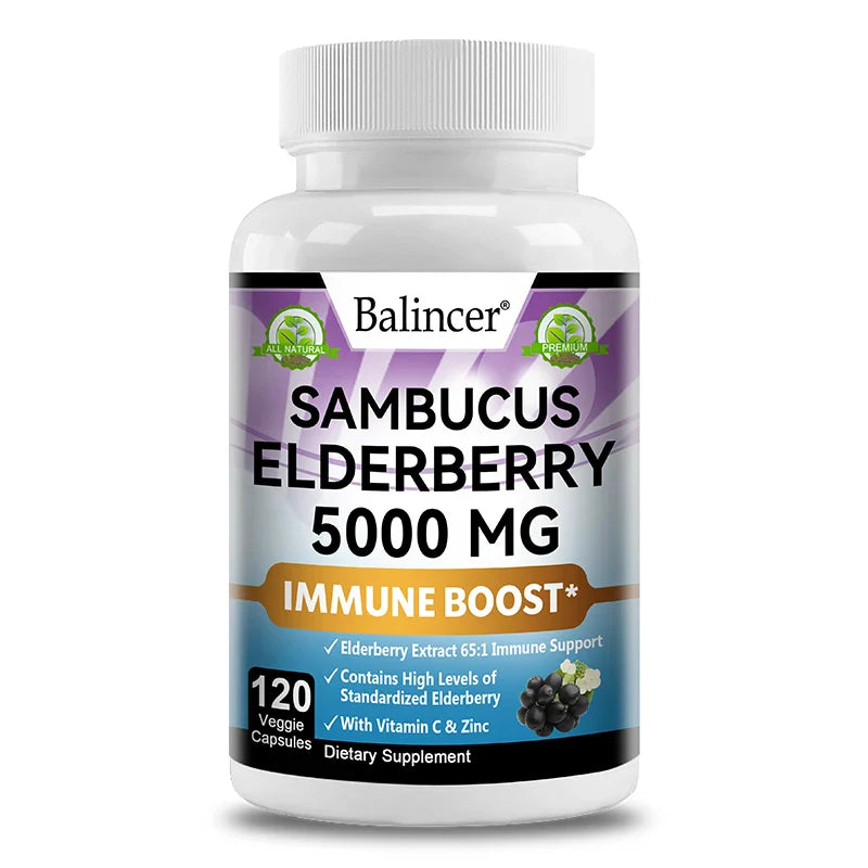 Elderberry - 5000 mg Per Serving, Vitamin C & Zinc, ImmunoBooster for Immune Support, Skin Health, 120 Veggie Capsules
