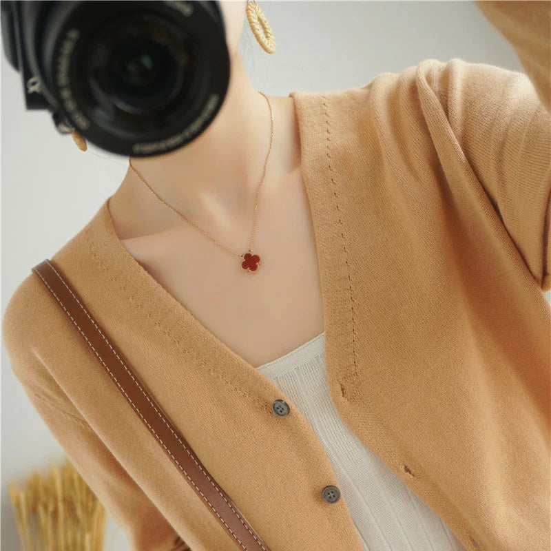 100% Cotton Line Long Sleeve V-Neck Knitted Cardigan Women Loose Short Solid Color Simple Sun Protection SMY K61