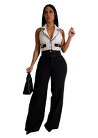 Elegent Office Lady Jumpsuits for Women Full Length Summer V Neck Sleeveless Blazer Jumpsuit High Waist Sexy Backless Jumpsuit