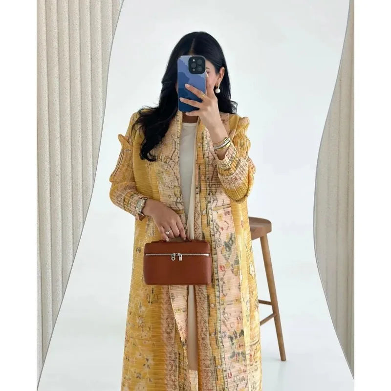 Abaya Ethnic Style Printed Pleated Coat Cape Shawl 2024 Spring/summer Big Collar Lace Up Cardigan Top Long Windbreaker Robe
