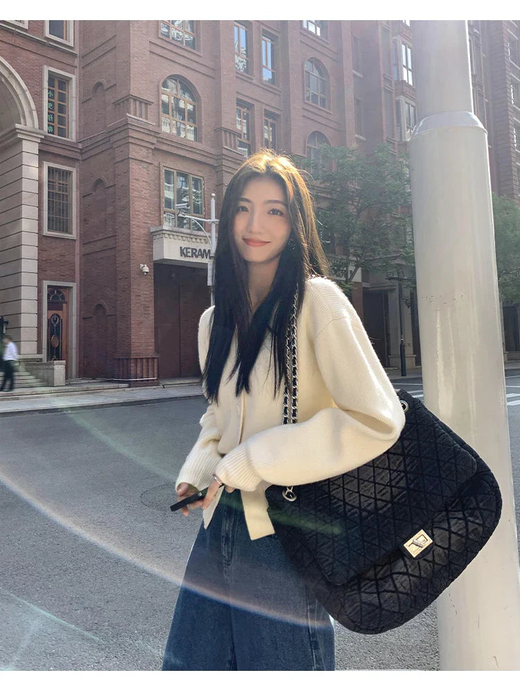 AOSSVIAO Knitted Casual Cardigan 2025 Autumn Winter Elegance Solid Color V-neck Sweater Unique and Niche Slim Fit Tops